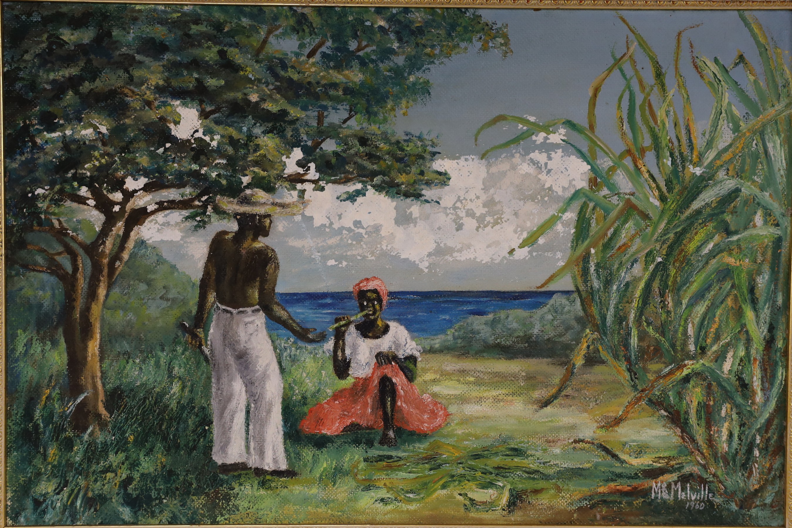 M. Melville, oil on board, Jamaican scene with figures beside the shore, signed and dated 1960, 40 x 60cm